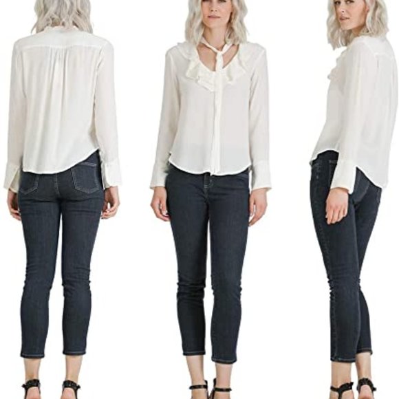 VERTIGO Long Sleeve Solid Front Tie Neck Blouse - Picture 2 of 5